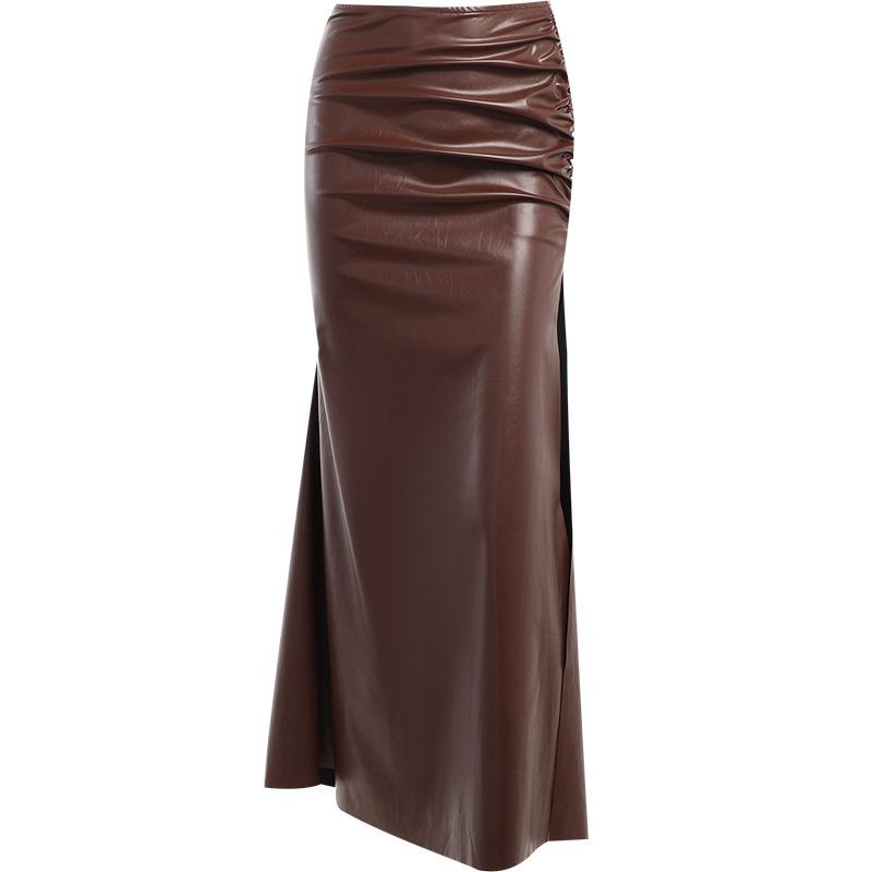 Leather Zipper Tape Skirt Runway Show  | Womens Skirts Clothing Dark brown